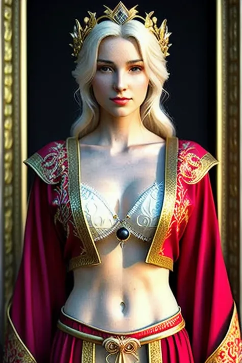 sorcerer, 1 female,
(ultradetaled elegant, beautiful face),white skin,(huge breast),(cleavage),(breast hide),(long  blonde Hair:1.3),
 (jewelry),(crown), multiple stitched layer,(black and red silk robe:1.25), (intricately detailed, fine details, hyperdetailed),(fabric with intricate pattern:1.2), 
,(stone temple on background:1.2), highly detailed, hyper-detailed architecture,insanely detailed, 
magical atmosphere,(full body:1.3), (detailed skin, skin texture),  detailed face and eyes, (perfect body:1.1),
High detail RAW color art, photorealistic,raytracing, subsurface scattering, diffused soft lighting, global illumination,Masterpiece, best quality, (highly detailed photo:1.1), 8k, photorealistic, sharp,  realistic, real shadow, 3d, (bloom:1.5), (by Michelangelo)