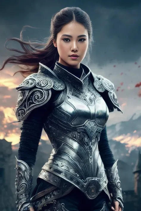 full body, walking pose, slow motion, (warrior:1.2) female wearing full body multiple layer (heavy metal armorr:1.2), (silver and blue metal armor with intricate pattern:1.2), gloves, (insanely detailed, bloom:1.5), (highest quality, Alessandro Casagrande, Greg Rutkowski, Sally Mann, concept art, 4k), (analog:1.2), (high sharpness), (detailed pupils:1.1), (painting:1.1), (digital painting:1.1), detailed face and eyes, Masterpiece, best quality, (highly detailed photo:1.1), 8k, photorealistic, (dark hair color, dynamic hairstyle), (pureerosface_v1:0.1), By jeremy mann, by sandra chevrier, by maciej kuciara, sharp, (ripped body:1.1), realistic, real shadow, (asian castle background:1.2), (by Michelangelo)