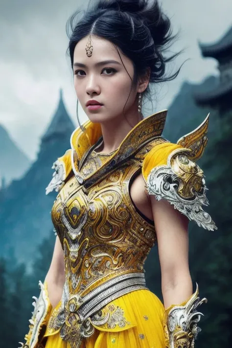 full body, walking pose, slow motion, (warrior:1.2) female wearing full body multiple layer (heavy metal armorr:1.2), (white and yellow metal armor with intricate pattern:1.2), gloves, (insanely detailed, bloom:1.5), (highest quality, Alessandro Casagrande, Greg Rutkowski, Sally Mann, concept art, 4k), (analog:1.2), (high sharpness), (detailed pupils:1.1), (painting:1.1), (digital painting:1.1), detailed face and eyes, Masterpiece, best quality, (highly detailed photo:1.1), 8k, photorealistic, (dark hair color, dynamic hairstyle), (pureerosface_v1:0.1), By jeremy mann, by sandra chevrier, by maciej kuciara, sharp, (ripped body:1.1), realistic, real shadow, (asian castle background:1.2), (by Michelangelo)