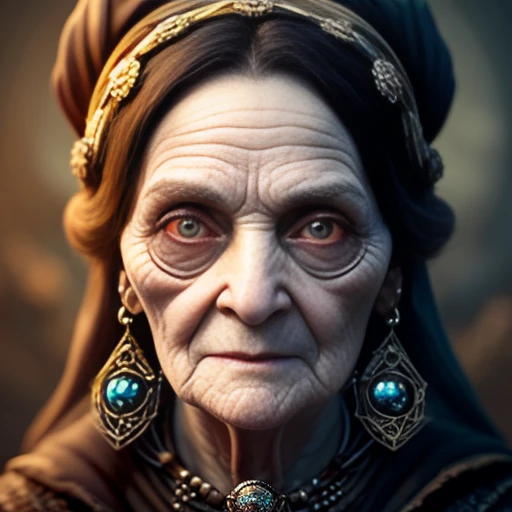 highly detailed photo of a comic portrait of Old woman necromancer with big and cute eyes, fine - face, realistic shaded perfect face, fine details. night setting. slate atmosphere, cinematic, dimmed colors, dark shot, muted colors, film grainy, lut, insane details, intricate details,