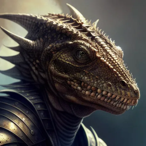 (realistic:1.3), poster,intricate details,painting \(artwork\), ((masterpiece,best quality)), ((cinematic light)), lizard,hybrid,hyperealistic, scary, dark fantasy \(style\), detailed armor, detailed helmet