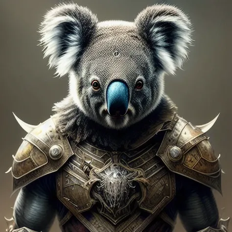 (realistic:1.3), poster,intricate details,painting \(artwork\), ((masterpiece,best quality)), ((cinematic light)), koala,hybrid,hyperealistic, scary, dark fantasy \(style\), detailed armor, detailed helmet