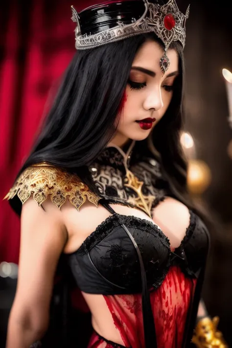RAW dark photo, beautiful Vampire with long face in ((highly intricate black detailed lace robe and ((red and golden and silver inserts)))), wearing ((highly intricate detailed black heavy metal lingerie armor with diamonds and ruby)), (in dark Gothic castle )++, ((blood runs down on the chest and tits)) , the goddess of pain and blood and sex, heros of might and necropolis town, (((drinking blood from detailed cup holy grail))), full lips, ((blood dropping from lips))++, high resolution, bimbo, (huge tits)++, detailed, intricate dress, sharp resolution, bokeh, (high detailed skin:1.2), 8k uhd, dslr, dark soft lighting from candles, high quality, film grain, Fujifilm XT3