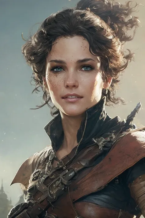 rogue thief girl, leather armor, smirk, (nose blush), beautiful detailed eyes, drawn by Greg Rutkowski, Yoji Shinkawa:0.6