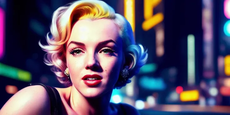 (Cinematic Digital Artwork:1.3) of (Ultra detailed:1.3) close-up head, facing camera, marilyn monroe as cyberpunk girl, walking in city street, cyberpunk 2077, detailed, detailed face and body,CGSociety,ArtStation,(close portrait:1.3),(Feminine:1.4),(beautiful:1.4),(attractive:1.3),handsome,calendar pose,perfectly detailed eyes,studio lighting,thematic background