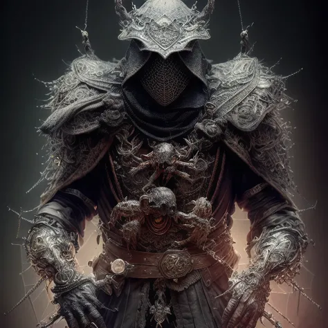 sitting on the throne, king of the dead with a crown of bones, black web robe, web, spiders on armor, with a black blade in his hand, fantasy, dramatic photo, dynamic photo, full body view, blurred background, highly detailed, ultra-realistic, 8k, (realistic:1.3), poster, intricate details, painting \(artwork\), ((masterpiece,best quality)), ((cinematic light)), hyperealistic, fearsome, dark fantasy \(style\), detailed armor, detailed spider helmet, spider head, lots of hands, (dark shot:1.17), epic realistic, faded, ((neutral colors)), art, (hdr:1.5), (muted colors:1.2), hyperdetailed, (artstation:1.5), cinematic, warm lights, dramatic light, (intricate details:1.1), complex background, (rutkowski:0.8), (teal and orange:0.4)