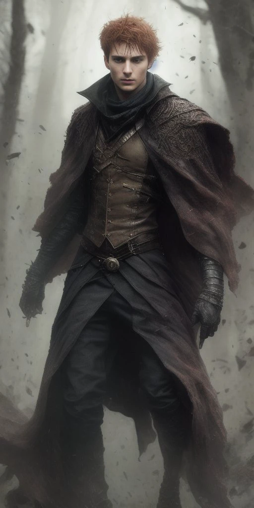 a male portrait of a hyperdetailed in the style of a dementor from harry potter and a rogue dnd character,ginger hair, (pleasant:1.3) thoughtful expression, full body, conjuring magical energy, cinematic shot on canon 5d ultra realistic skin, Fabian Perez Henry Asencio, Jeremy Mann Marc Simonetti fantasy magical horror atmosphere, (highly detailed environment:1.3)