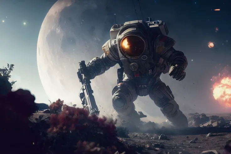 sc-fi,Intricate dynamic action shot of Huge weapons on the moon, wide angle, cinematic Alessandro Casagrande, Greg Rutkowski, Sally Mann, concept art, sc-fi, 2 atmosphere,detailed face and eyes,Masterpiece, best quality, highly detailed photo:1, 8k, detailed face,photorealistic background explosions