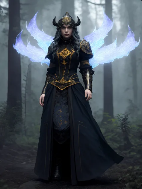 (Cinematic Photo:1.3) of (Masterpiece:1.3) (Full body:1.4), the most beautiful artwork in the world, slow motion walking pose, shot at 8k resolution, Charming Dark Witch with long hair and piercing blue eyes wearing a black robe, intense look, classical style woven witches headdress, symmetrical face, moonlight, D&D, fantasy, intricate, elegant, highly detailed, ethereal, (cold colors:1.1), digital painting, artstation, concept art, matte, sharp focus, illustration, art by Artgerm and Greg Rutkowski and Alphonse Mucha, <lora:darkKnightFashion_v10:0.6>, ((bloom)), (volumetric blue dark blue smoke:0.7), volumetric lighting, in a dimly lit forest with a mystical spire far off in the distance,Highly Detailed,(High Contrast:1.3)