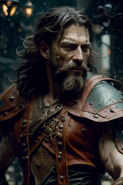 photo of the most beautiful artwork in the world featuring a soft lustrous male hero, ((epic heroic fantasy muscular men rugged wet wounded hero angry looking with long hair and long beard and fierce looking in a dynamic posture dying on the floor, fantastic location, majestic cluttered environment)), full body 8k unity render, action shot, skin pores, very dark lighting, heavy shadows, detailed, detailed face, (vibrant, photorealistic, realistic, dramatic, dark, sharp focus, 8k), (weathered damaged old worn leather outfit:1.4), (intricate:1.4), decadent, (highly detailed:1.4), digital painting, octane render, artstation, concept art, smooth, sharp focus, illustration, art by artgerm, (loish:0.23), wlop ilya kuvshinov, and greg rutkowski and alphonse mucha gracias, (global illumination, studio light, volumetric light), heavy rain, particles floating,
dim light, trim light, two-tone lighting,
<lora:epiNoiseoffset_v2:2>