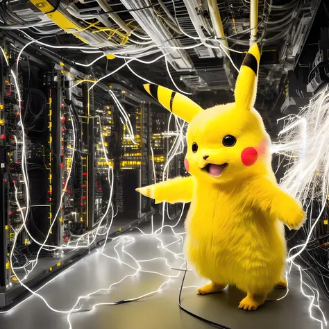 8k, raw, dramatic photography of furry glowing pikachu in server room, white lightnings, white electric sparks from his hands, many cables on the floor, electric sparks from his body