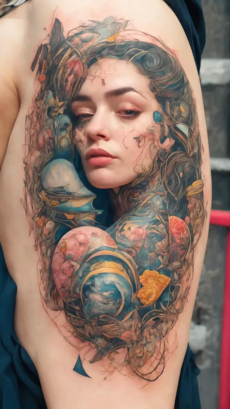 (style of richard deacon), formal wear android,1girl,a beautiful girl in a colourful dress with colourful intricate tattoos surrounded by colourful patterns,(Luminous burning hair:1.2), realistic fantasy, extremely detailed and beautiful , 8 k resolution, <lyco:gpts4 lite dreamwave_278580:1.0>