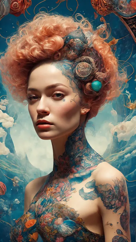(style of richard deacon), formal wear android,1girl,a beautiful girl in a colourful dress with colourful intricate tattoos surrounded by colourful patterns,(Luminous burning hair:1.2), realistic fantasy, extremely detailed and beautiful , 8 k resolution, <lyco:gpts4 lite dreamwave_278580:1.0>