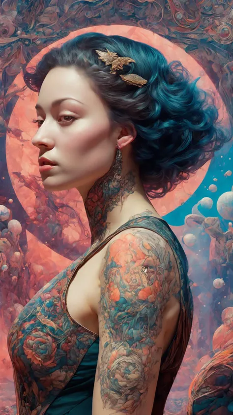 (style of richard deacon), formal wear android,1girl,a beautiful girl in a colourful dress with colourful intricate tattoos surrounded by colourful patterns,(Luminous burning hair:1.2), realistic fantasy, extremely detailed and beautiful , 8 k resolution, <lyco:gpts4 lite dreamwave_278580:1.0>