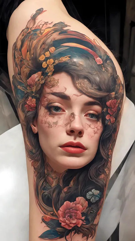 (style of richard deacon), formal wear  android,1girl,a  beautiful girl in a colourful dress with colourful intricate tattoos surrounded by colourful patterns,(Luminous burning hair:1.2),  realistic fantasy, extremely detailed and beautiful , 8 k resolution, <lyco:gpts4 lite dreamwave_278580:1.0>