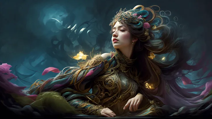 (style of richard deacon), formal wear android,1girl,a beautiful girl in a colourful dress with colourful intricate tattoos surrounded by colourful patterns,(Luminous burning hair:1.2), realistic fantasy, extremely detailed and beautiful , 8 k resolution, <lyco:gpts4 lite dreamwave_278580:1.0>