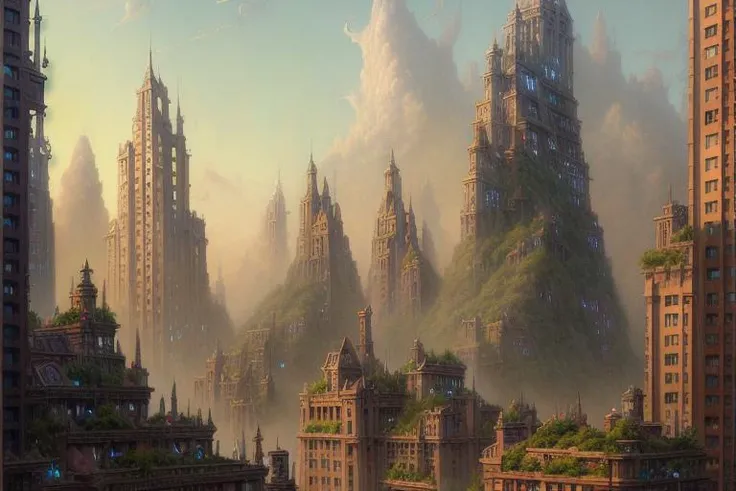 fantasy art, matte painting, painting, detailed matte painting, deviantart, contest winner, concept art, dragon, tim hildebrandt, fantasy, city, residential area, mixed development, highrise made up staircases, balconies, full of glass facades, cgsociety, fantastic realism, artstation hq