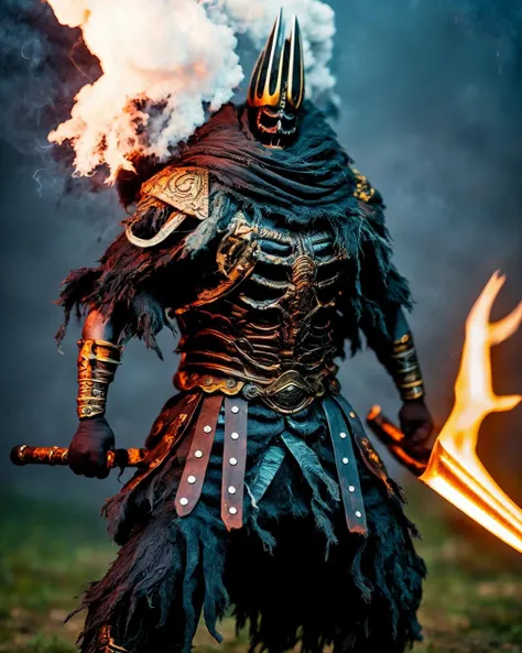 1boy,dark mood, <lora:namelessking:1>full shot photo of one demon worrior, battle field background,with great sword,fighting stance, smoke, lightnings, dusty, strong winds,intricate detail, fantastic comic book
style, photorealistic , best quality