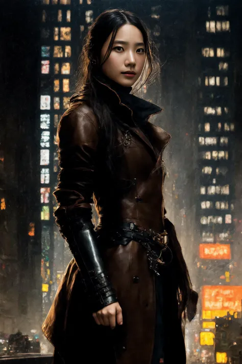 full body shot photo of the most beautiful artwork in the world featuring a modern female (rogue thief:1.1) wearing multiple layer (leather armor:1.1), sexy, big eyes, urban tokyo futuristic look, neon lights, night, slow motion, reflections, orange raincoat, intricate detail, nostalgia, high boots, heart professional majestic oil painting by Ed Binkley, Atey Ghailan, Studio Ghibli, by Jeremy Mann, Gregory Manchess, Antonio Moro, trending on ArtStation, trending on CGSociety, Intricate, High Detail, Sharp focus, dramatic, photorealistic painting art by midjourney and greg rutkowski <lora:KPOP LE SSERAFIM Kazuha_leSserafimKazuhaV1:1> sserafimkazuha,