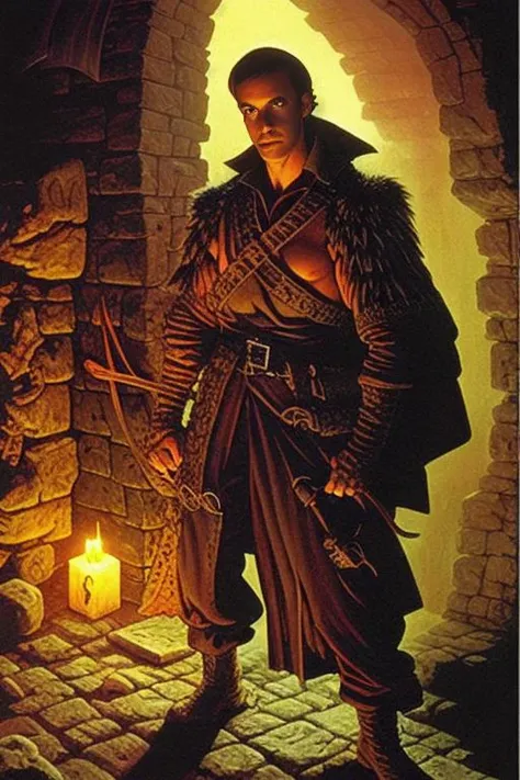 D&D character in a dark dungeon, in 80s fantasy art style from Clyde Caldwell