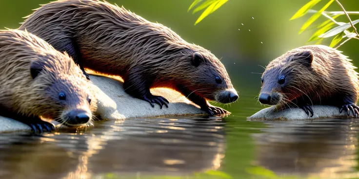 intricate details,8k,highres,(realistic and clear face),soft light,perfect shadow,
A group of cute and intelligent beaver are playing by the water, some building branch nests, some catching fish, and others swimming basking in the sun to enjoy the comfort of life,
