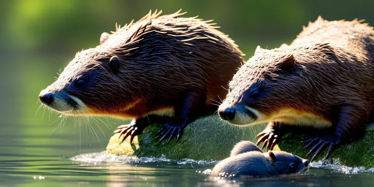 intricate details,8k,highres,(realistic and clear face),soft light,perfect shadow,
A group of cute and intelligent beaver are playing by the water, some building branch nests, some catching fish, and others swimming basking in the sun to enjoy the comfort of life,