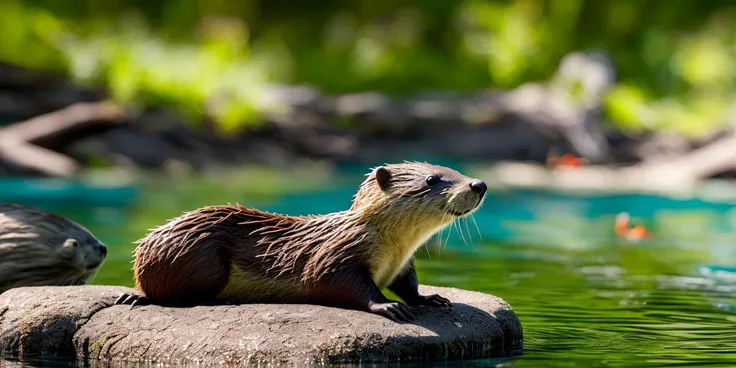 intricate details,8k,highres,(realistic and clear face),soft light,perfect shadow,
A group of cute and intelligent beaver are playing by the water, some building branch nests, some catching fish, and others swimming basking in the sun to enjoy the comfort of life,