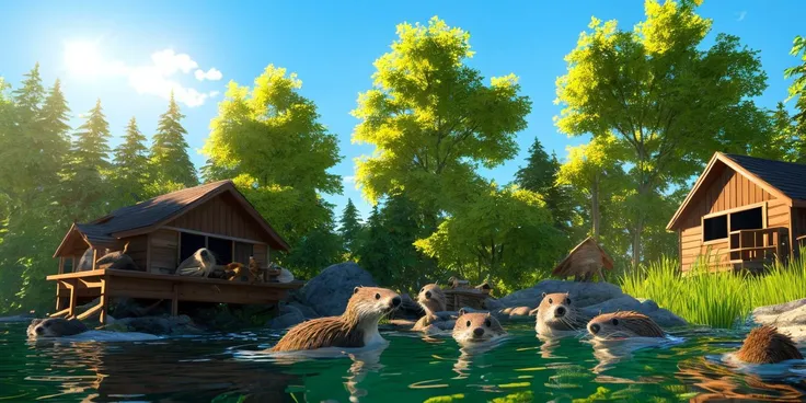 intricate details,8k,highres,(realistic and clear face),soft light,perfect shadow,
A group of cute and intelligent  beaver are playing by the water, some building branch nests, some catching fish, and others swimming basking in the sun to enjoy the comfort of life,
