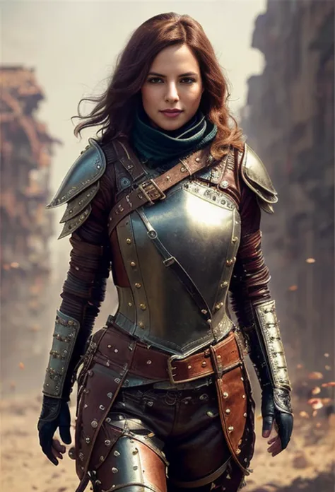 A woman in armor walking through a desert area - SeaArt AI