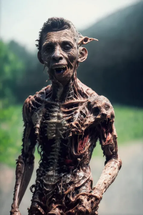 disgusting face horror person,(at night:1.3),1 human,(((muscle))), monster,(cowboy shot:1.2), dark, forest, high definition, detailed, intricatedepth of field,high detail, Fujicolor,Fujifilm, , 8k, high quality, best quality, award winning, high details, super detail, ccurate, textured skin, UHD <lora:bodhor:0.7> <lora:hipoly_3dcg_v7-epoch:0.3>, flashlight,<lora:flashlightphoto_v1.5a:0.6> ng_deepnegative_v1_75t <hypernet:sxzBloom_sxzBloom:0.5>
