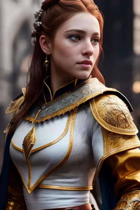 (8k, RAW photo, best quality, masterpiece:1.2), (realistic, photo-realistic:1.4), (extremely detailed CG unity 8k wallpaper), a full body (rogue:1.1) female wearing gold (leather armor:1.3), stiched worn out armor, (insanely detailed:1.5), gold and (white:1.5), Concept art portrait by Greg rutkowski, Artgerm, hyperdetailed intricately detailed gothic art trending on Artstation, fantastical, intricate detail, (small blue highlights:1), (redhead, wavy hair, high ponytail: 1.4)