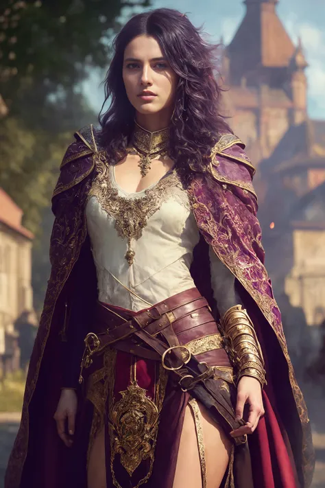 (((full body portrait))) shot using wide angle lense canon 5d, (purple stripe hair), walking pose, slow motion, (mage:1.2) female wearing full body multiple stitched layer (leather armor: 1.2), (red silk cloak), (highest quality, Alessandro Casagrande, Greg Rutkowski, Sally Mann, concept art, 4k), (analog:1.2), (high sharpness), (detailed pupils:1.1), detailed face and eyes, ((skin pores)), imperfect skin, Masterpiece, best quality, (highly detailed photo:1.1), 8k, (photorealistic), (young woman:1.1), By jeremy mann, by sandra chevrier, by maciej kuciara, (perfect body:1.1), real shadow, 3d, (ruined church background:1.1),(by Michelangelo)