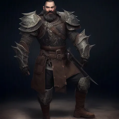 a man in armor, with beard, a character portrait, epic fantasy character art, 1boy, armor, beard, boots, facial_hair, full_body, male_focus, solo, transparent_background, weapon