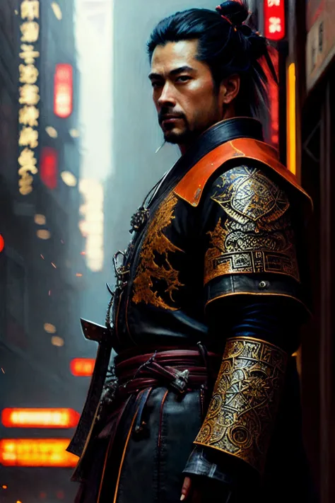 close-up shot photo of the most beautiful artwork in the world featuring a male samurai, (edo era:1.1), wearing multiple layers, (leather armor:1.1), urban tokyo futuristic look, neon lights, night, slow motion, reflections, orange raincoat, intricate detail, nostalgia, high boots, heart professional majestic oil painting by Ed Binkley, Atey Ghailan, Studio Ghibli, by Jeremy Mann, Gregory Manchess, Antonio Moro, trending on ArtStation, trending on CGSociety, Intricate, High Detail, Sharp focus, dramatic, photorealistic painting art by midjourney and greg rutkowski