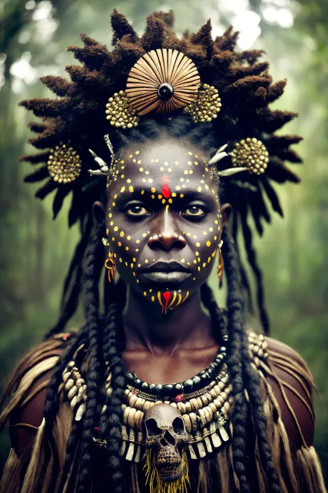 1 female warrior, beautiful , africa , face painting, angry, brown skin , Cornrows , long hair    armor, skulls, robe , 
forest, voodoo 
(  Alyssa Monks),
(masterpiece, best quality:1.3),