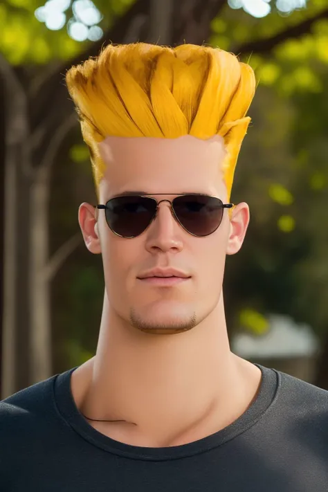 professional photo of johnny bravo, 1boy, sunglasses, black shirt, detailed skin, detailed eyes, bouncer, photo made with Canon EOS in naturalistic style photography, forest background, popular on artstation, popular on deviantart, popular on flicker  <lora:johnny_bravo_v1:1:MIDD>