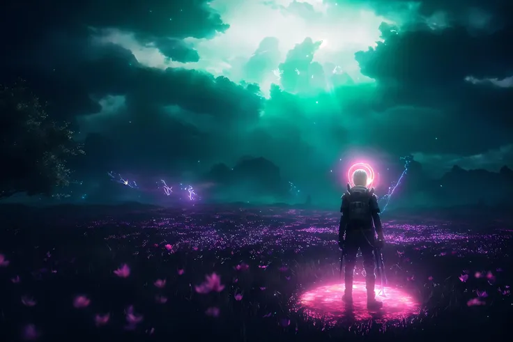 anime screenshots,anime,masterpiece,best quality,light particle,depth of field,field,scenery,fantasy,blue light,(far away:1.1),pastel colors,chromatic aberration abuse,glow in the dark,
dark,cloudy sky,space,red aura,aura,cinematic,dark atmosphere,night,dark hole,glowing eyes,red light,illumination,sword,floating object,monster,fighting stance,light rays,
eye in the sky,(grass:0.9),falling petals,
<lora:SYK_Mild detail adjusterï¼æ¸©åçç»èè°æ´å¨ï¼_V1.0_4ï¼MINIï¼:0.5>,