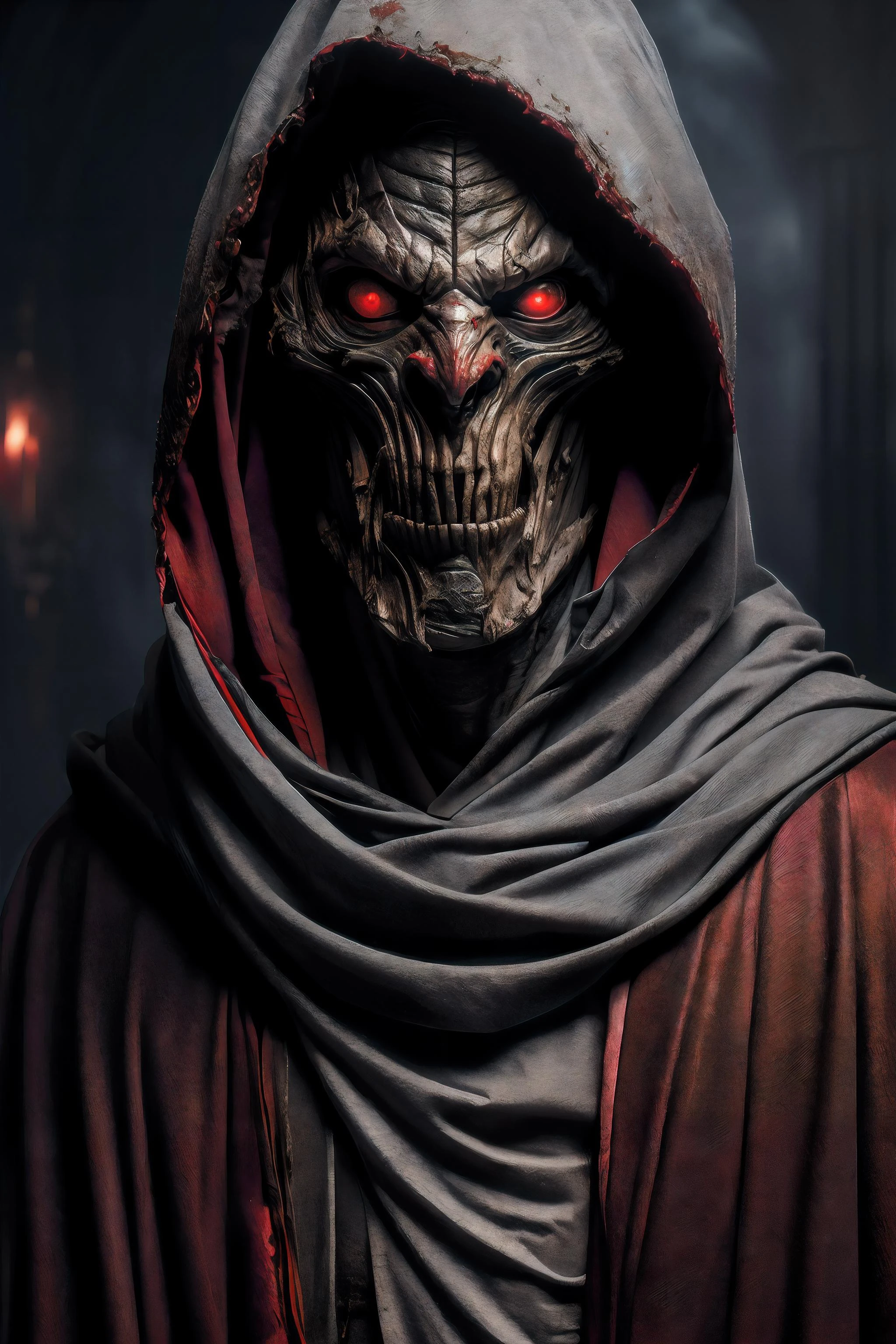 (masterpiece:1.2), absurdres, A photorealtic shot od Mumm-Ra,solo, decaying mummy,a malevolent and ancient sorcerer, , withered, shrouded in rotting bandages, emaciated body. grotesque, skin is a sickly grey, covered in tattered rotting bandages, is body is emaciated, his face is hidden by a hooded red robe, glowing sinister red eyes, malevolent, (highly detailed:1.3)
<lyco:GoodHands-beta2:1.0>