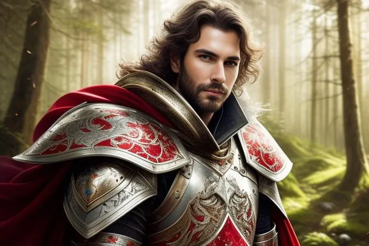full bosy ahot, paladin with heavy armor, red details in white shattered armor, evil, strong but bueautiful man, medium hair, sitting, leaning against a tree, sparse forest, (long sword at side,:1.1), long white cape stained with red, spring atmosphere, hyperrealistic, hyperdetailed, noon, sunlight, intricated