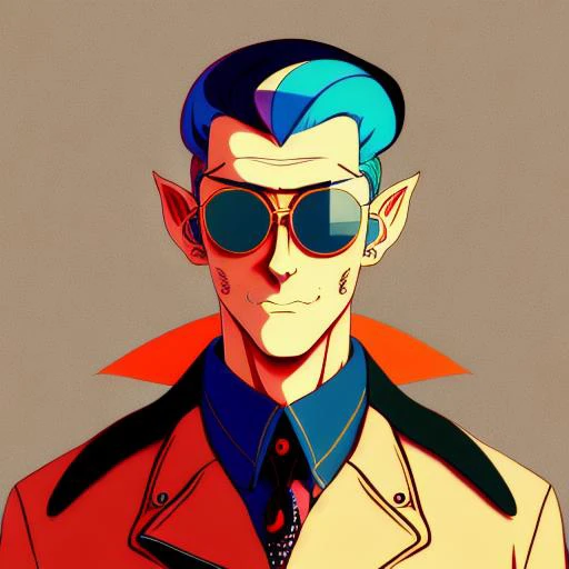 male elf in late 30s with orange hair, with a pompadour and biker jacket, wearing a set of shades, looking like a gang member (cel shading, vintage anime:1.25)