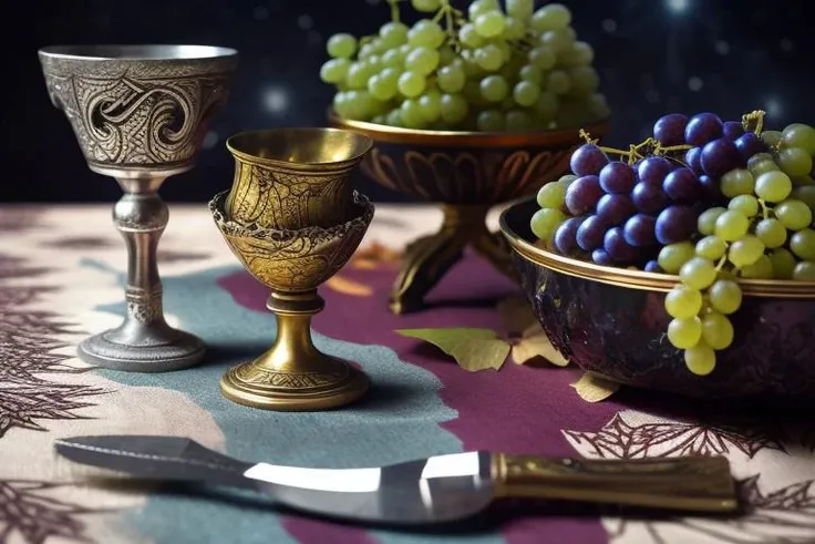 an antique table draped with a patterned tablecloth with gold and silver embroidery. There is a beautiful silver runic dagger on the table, (goblet on the table), next to it is a bunch of (grapes made of ruby). There are several golden autumn leaves on this table. (OverallDetail, cloud,colorful, starry,stars)
