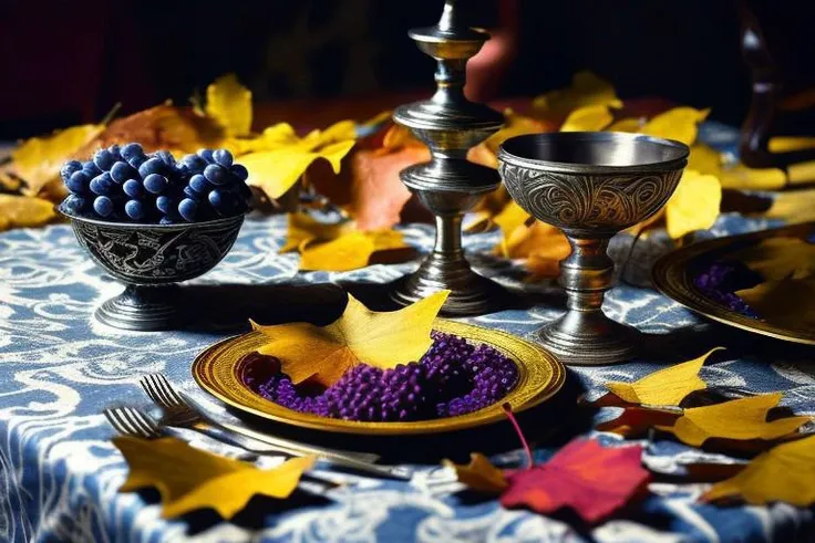 an antique table draped with a patterned tablecloth with gold and silver embroidery. There is a beautiful silver runic dagger on the table, (goblet on the table), next to it is a bunch of (grapes made of ruby). There are several golden autumn leaves on this table. (OverallDetail, cloud,colorful, starry,stars)