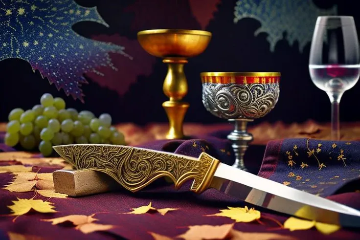 an antique table draped with a patterned tablecloth with gold and silver embroidery. There is a beautiful silver runic dagger on the table, (goblet on the table), next to it is a bunch of (grapes made of ruby). There are several golden autumn leaves on this table. (OverallDetail, cloud,colorful, starry,stars)