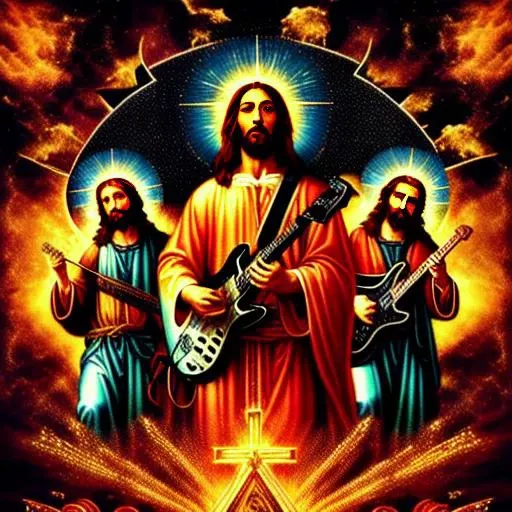 ((Jesus the son of god shredding on an electric guitar)) in heaven, the four horsemen of the apocalypse are the audience, in the style of Leonardo DaVinci, fire and brimstone raining down in the background on ancient temples, four very high detailed horsemen, catholic influences
