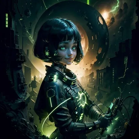 ((masterpiece,best quality)),
<lora:Necron_Architecture:0.7>,
Necron_Architecture, (scifi, blackhole, excessive energy, scholar , scroll, 1girl,long hair, smile ,closed mouth, bob cut, ,colored glowing hair ,glowing eyes,:1.2),
electricity, green glow, green theme,