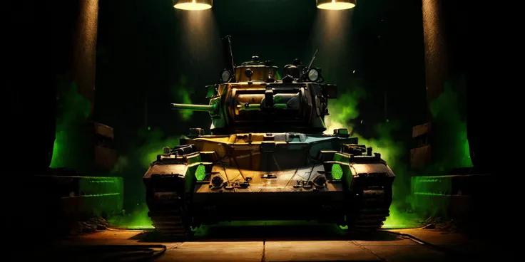 matilda tank, tank column , electricity, green glow, green theme, (ultra-detailed), (masterpiece), (best_quality), (cinematic_lighting), (vibrant_colors)