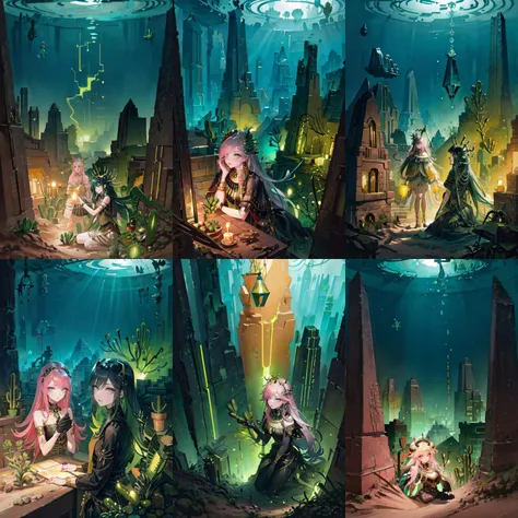 (otherworldly, otherworldly atmosphere, otherworldly appearance), highly insanely detailed, masterpiece, top quality, best quality, highres, 4k, 8k, RAW photo, collar, earrings, jewelry, necklace, armlet, 
(long_hair, long hair, random colors cloth, random colors hair, random long hair, dynamic hair, glowing hair, hair over one eye), 
(eyelashes, eyeliner, eyeshadow, eyelashes), 
pink lipstick, 
makeup, 
((ancient egyptian theme)), golden ornaments, 
1girl, (portrait:0.4), nsfw, 
((desert, Mexico, cacti, underwater)), 
a grove of mechanical trees swaying to the rhythm of coded breezes, (tranquil:0.6), (serene:0.5), 
long messy hair, 
1girl, (from above), 
<lora:Necron_Architecture:0.7>, 
Necron_Architecture, (city, buildings with windows :1.2), 
electricity, green glow, green theme, (fantasy world)