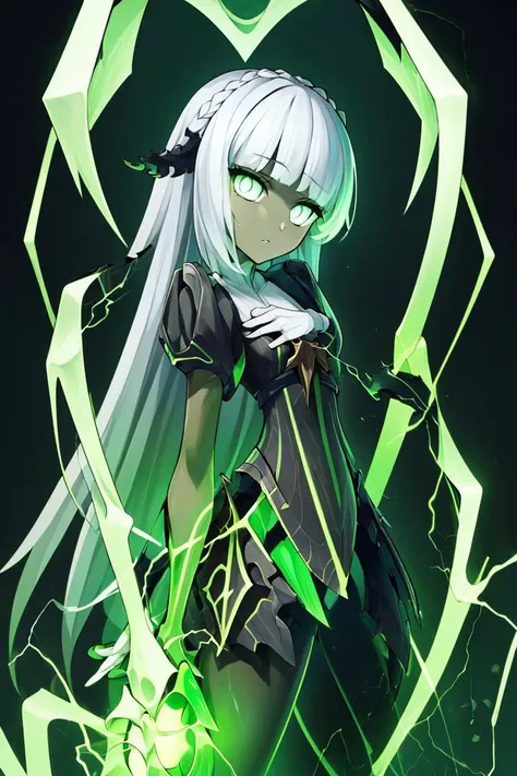 ((masterpiece, best quality)), absurdres,
<lora:Isabella_AFK:0.8> Isabella_AFK, long hair, silver hair, grey skin, green eyes, glowing eyes, head tilt, small breasts,
green theme, 
<lora:Necron_Architecture:0.7>, electricity, green glow,