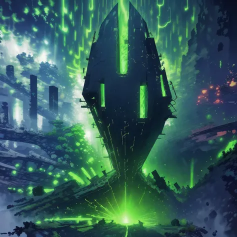 (Visual novel:1.3) ((masterpiece,best quality)), <lora:Necron_Architecture:0.85>, Necron_Architecture, electricity, green glow, green theme, <lora:LCM_LoRA_Weights_SD15:1>