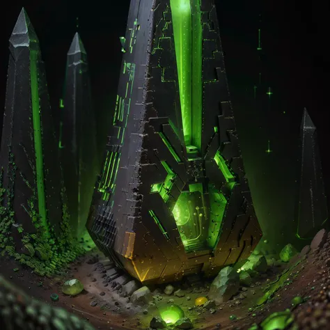 ((masterpiece,best quality)),
<lora:Necron_Architecture:0.8>,
Necron_Architecture,  (battery, cylinder,:1.3),
electricity, green glow, science fiction, scenery, scifi, space, still life,
cave, green crystals, gem stone,
simple background, black background, green theme,
space, green planet,